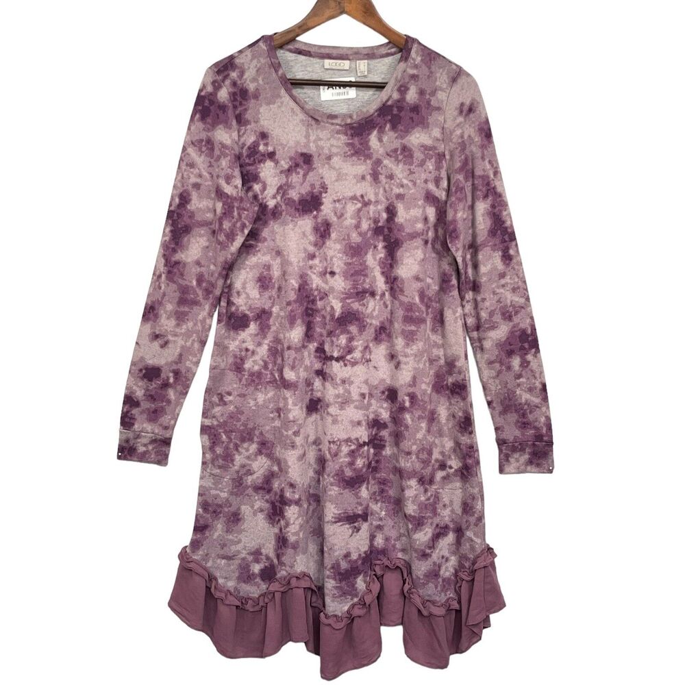 LOGO by Lori Goldstein Sweater Dress Women Size M Purple Knit Tie-Dye Ruffle Hem